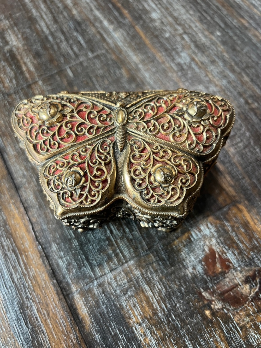 Ornate Butterfly Filigree Trinket Box in Antique Gold and Red Vintage